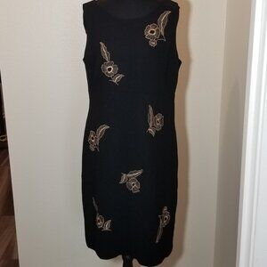 Ann Taylor LOFT Sz 10 Black Classic Sleeveless Dress Embroidered Business City